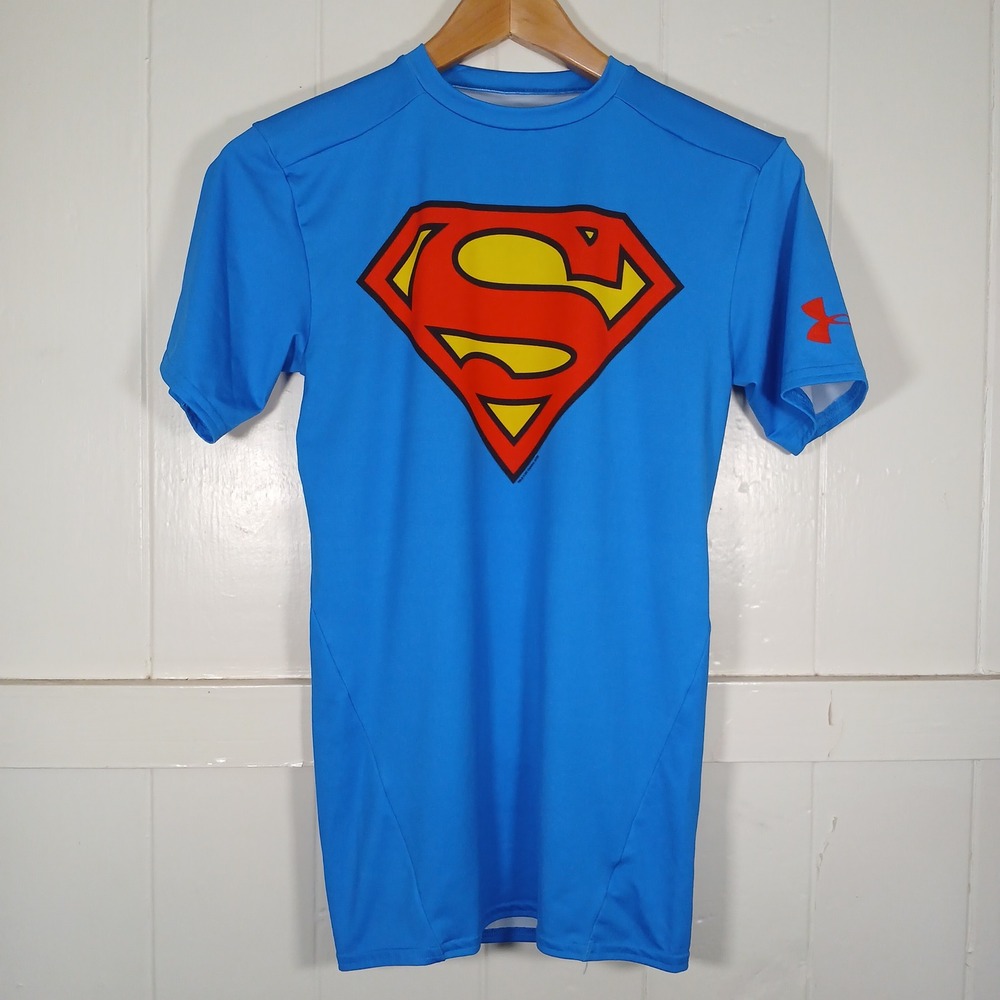 Under Armour Superman Shirt Mens Medium Blue HeatGear Compression 1244399